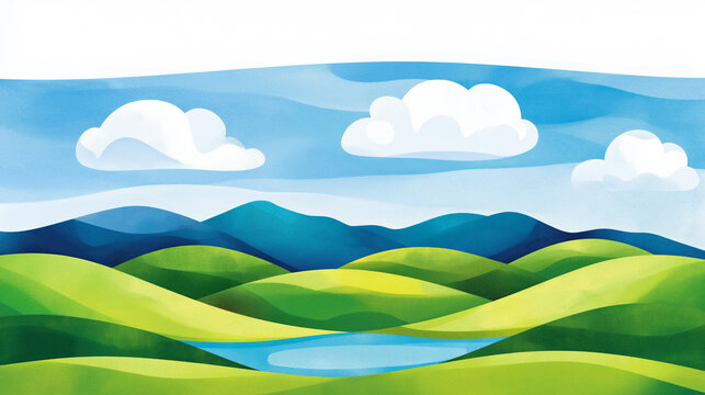 Serene Rolling Hills Landscape with Lake and Blue Sky