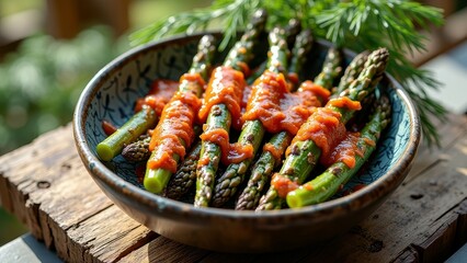 Fresh asparagus spears with tomato sauce garnish in rustic bowl on wooden table
