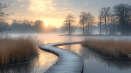 A serene sunrise over a misty lake with a winding wooden pathway leading to tranquil waters and silhouetted trees