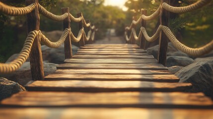 Obraz premium A weathered wooden bridge with a rope-detailed railing, extending into a sunny landscape with trees and rocks