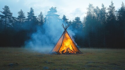 A mesmerizing traditional teepee burns brightly with orange flames, surrounded by a serene forest landscape under a dramatic cloudy sky.