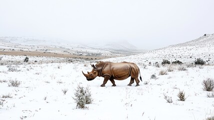 Rhino walking in snowy landscape.