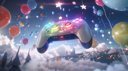 Futuristic NFT Game Controller with glowing rainbow buttons, floating in a whimsical virtual world filled with digital balloons and animated stars.