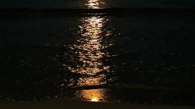 Pleine lune sur la mer Noire. Au clair de lune, les vagues, baign&eacute;es d'une brillante couleur dor&eacute;e, glissent vers la plage sablonneuse.