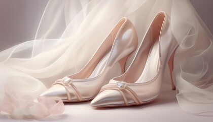 Soft pastel illustration of elegant bridal shoes with a flowing veil in the background, capturing delicate wedding details and romantic atmosphere&mdash;perfect for bridal fashion and wedding themes.