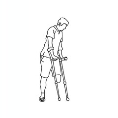 Line art icon of a standing male patient using crutches. Simple vector illustration depicting mobility assistance and healthcare