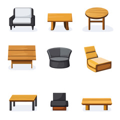 Assorted wooden furniture illustrations, including chairs and tables.