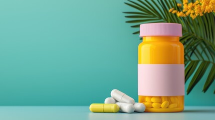 A colorful pill bottle with yellow and white capsules is placed against a turquoise background, accompanied by a green plant.