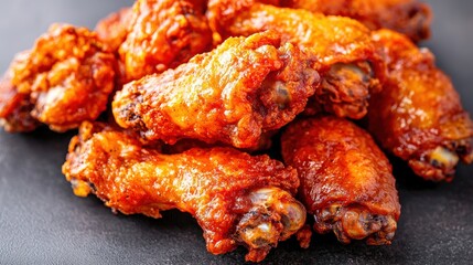 A tempting stack of crispy, golden brown chicken wings, glazed in a spicy sauce, perfect for snacking or sharing at gatherings.