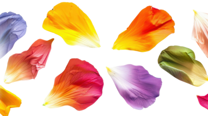 Colorful flower petals floating on transparent background