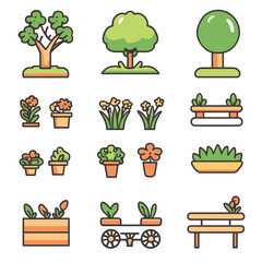 Cartoon Garden Elements: Trees, Flowers, Benches, Planters, and Cart Icons
