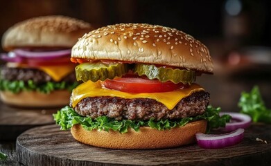 Juicy cheeseburger with pickles, tomato, and onion on a wooden board
