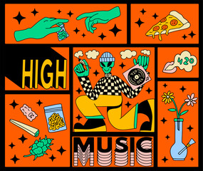 Psychedelic Alien 420 Vibes &ndash; Music & Cannabis Art Poster.  Weed character.