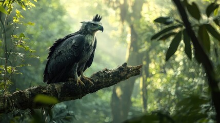 Fototapeta premium Majestic harpy eagle perched on a branch in a lush rainforest, sunlit.
