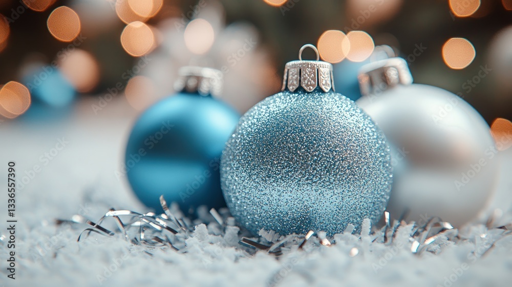 Poster close-up of three shiny christmas ornaments in blue and silver, resting on artificial snow with tins