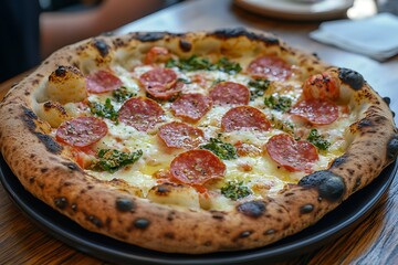 pizza with pepperoni and tomato chunks  
