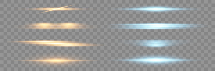 Yellow and blue light rays. Horizontal glare pack. Laser beams. Vector.EPS 10.
