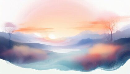 Subtle pastel illustration of a fresh sunrise with soft misty hues, symbolizing new beginnings, hope, and calm, perfect for wellness, motivation, and nature themes.