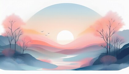 Subtle pastel illustration of a fresh sunrise with soft misty hues, symbolizing new beginnings, hope, and calm, perfect for wellness, motivation, and nature themes.