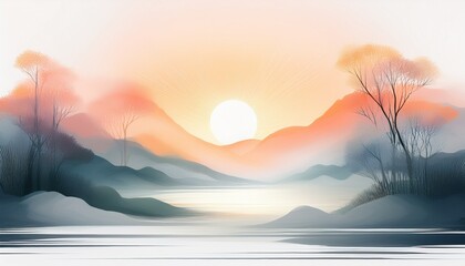 Subtle pastel illustration of a fresh sunrise with soft misty hues, symbolizing new beginnings, hope, and calm, perfect for wellness, motivation, and nature themes.
