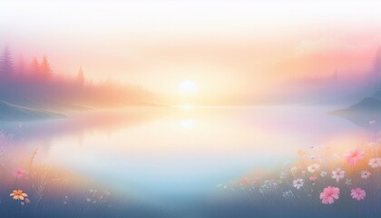 Naklejka premium Subtle pastel illustration of a fresh sunrise with soft misty hues, symbolizing new beginnings, hope, and calm, perfect for wellness, motivation, and nature themes.