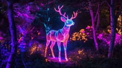 Neon Deer Amidst Glowing Enchanted Forest Ambiance Enhanced by Artificial Lights