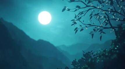 Fototapeta premium Serene moonlit night scene with mountains and blossoming tree branch.