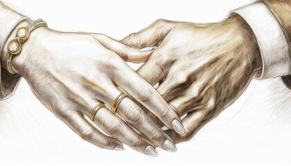 A delicate pencil sketch of two intertwined hands with wedding rings in a subtle, warm golden light.

