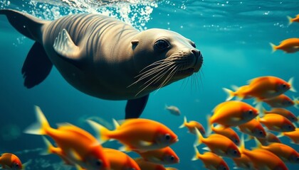 Submerged Seal Encountering a School of Vibrant Orange Fish in a Deep Ocean Habitat