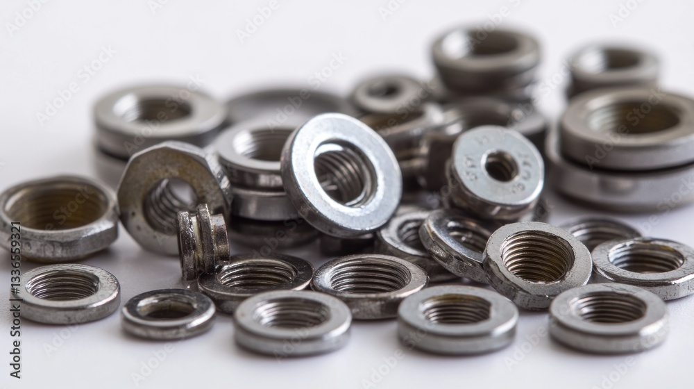 Aufkleber close-up of various metallic threaded inserts scattered on a white surface.