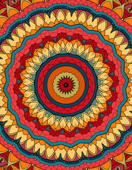 A captivating, symmetrical mandala pattern featuring a complex arrangement of colorful geometric shapes.