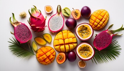 Vibrant and colorful assortment of sliced exotic fruits, including fresh pitaya (dragon fruit), mango, and passionfruit.

