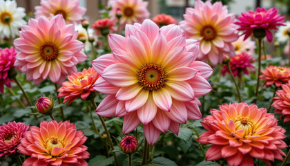 Vibrant pink and orange flowers bloom in lush garden, showcasing their intricate petals and rich colors