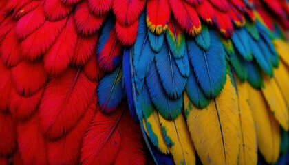 Obraz premium Vibrant feathers display stunning mix of red, blue, green, and yellow hues, showcasing nature beauty