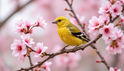 vibrant yellow bird perched on branch surrounded by pink cherry blossoms, creating serene and beautiful spring scene