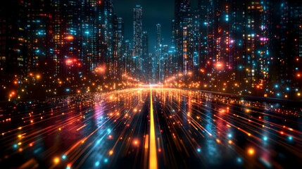 Fototapeta premium Futuristic Smart City at Night with Data Flowing on a Highway Digital Transformation and Innovation Concept