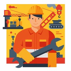 Fototapeta premium Construction Worker Illustration with Wrench Wearing Hard Hat on Site