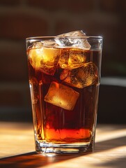 Refreshing Cola Drink with Ice Cubes on a Sunny Wooden Table