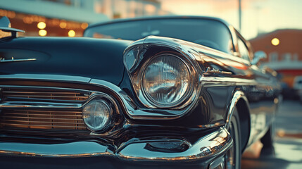 Fototapeta premium sleek black car with gleaming chrome details stands out in afternoon light, showcasing its vintage design and polished finish, evoking sense of nostalgia and elegance