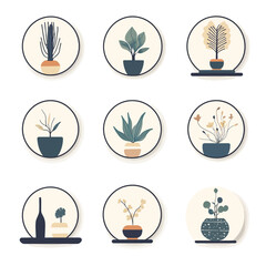 Collection of Decorative Potted Plants, Botanical Art, Circle Arrangement