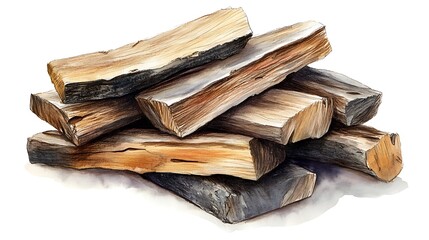 Stacked Firewood Watercolor Painting, Rustic Wood Pile