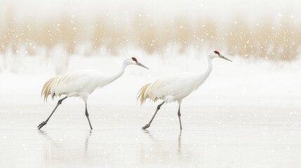 Obraz premium Two sandhill cranes walk on snowy ground.