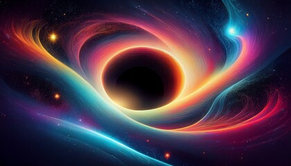 Abstract visualization of a black hole in deep space, featuring swirling light gradients and cosmic dust.

