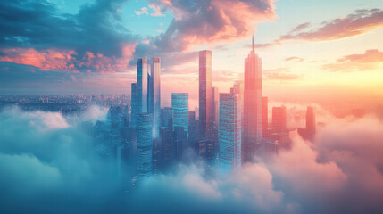 Fototapeta premium vibrant futuristic cityscape emerges from swirling clouds, showcasing towering skyscrapers against backdrop of stunning sunset. scene evokes sense of wonder and innovation