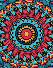 A colorful and intricate mandala design, featuring concentric circles of repeating patterns and floral motifs.