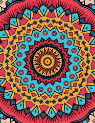 Eye-catching circular mandala design features intricate floral and geometric patterns