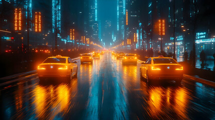 Obraz premium Futuristic Night Cityscape with Self-Driving Taxis in the Rain Modern Urban Transportation Scene