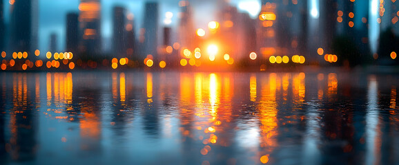 City lights reflected in wet pavement at sunset urban landscape bokeh effect wet asphalt road