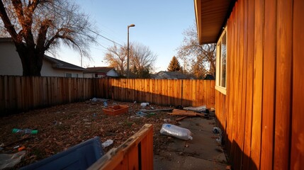Obraz premium Abandoned backyard, littered with trash, bordered by a wooden fence