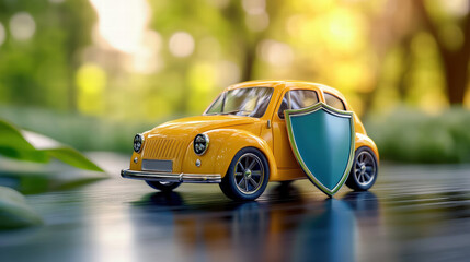 visual representation of car insurance featuring yellow toy car and protective shield, symbolizing safety and security in automotive coverage. This evokes sense of trust and protection